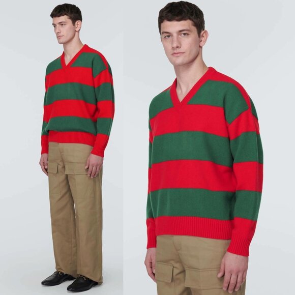GUCCI MENS SWEATER RED GREEN FELTED WOOL STRIPED PULLOVER V-NECK - Picture 6 of 16